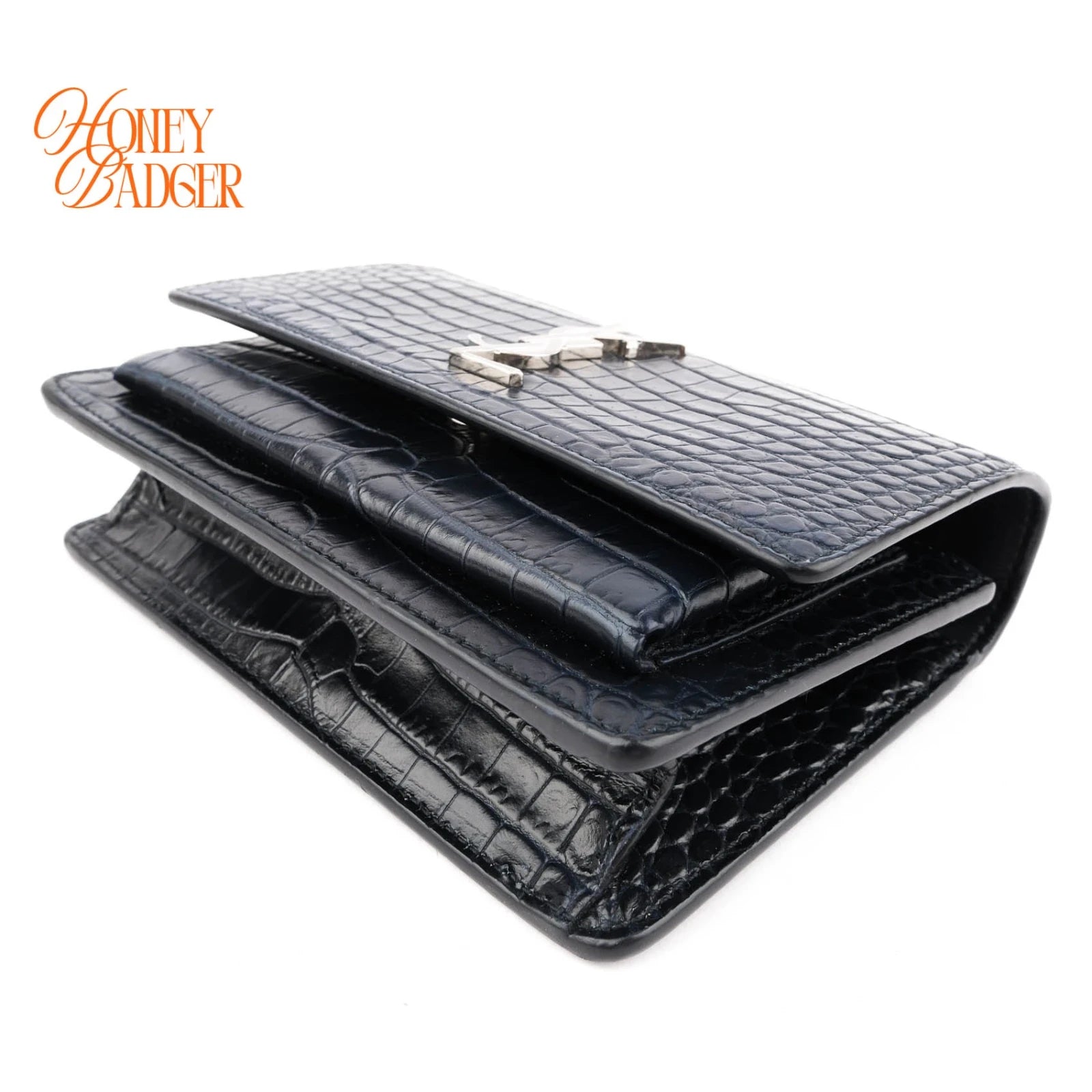 Saint Laurent Sunset Croc-Embossed Leather Navy Silver Hardware Rank A