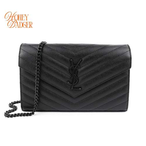 Saint Laurent Classic Cassandre Chain Wallet Grain de Poudre Leather Black Matte Black Hardware Rank A