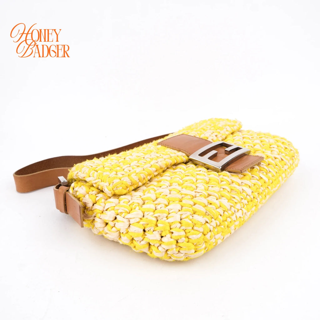 Fendi Mamma Baguette Raffia Crochet Yellow Brown Shoulder Bag Rank AB