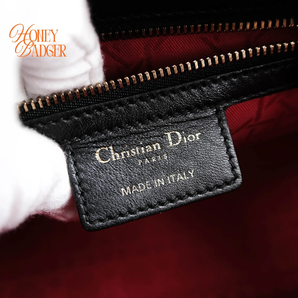 Dior Lady Dior Medium Cannage Lambskin Black Pale Gold Hardware Rank A