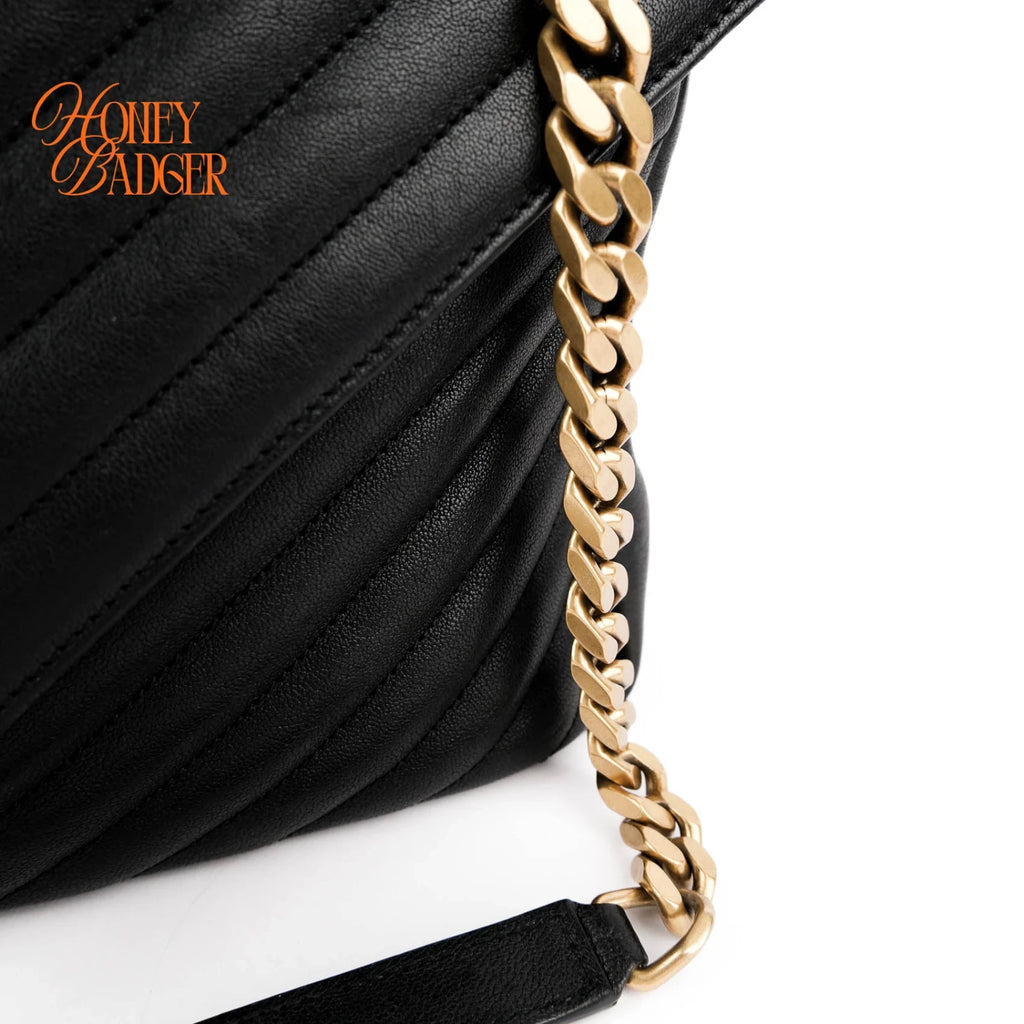 Saint Laurent College Medium Chevron Quilted Leather Black Rank A