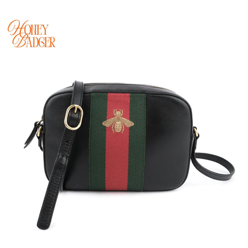 Gucci Bee Web Camera Bag Leather Black Rank A