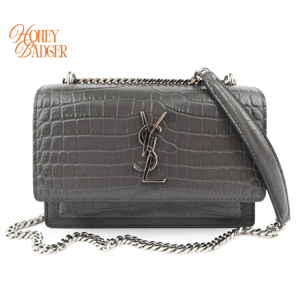 Saint Laurent Sunset Mini Chain Wallet Crocodile-Embossed Calfskin Grey Silver Hardware Rank A