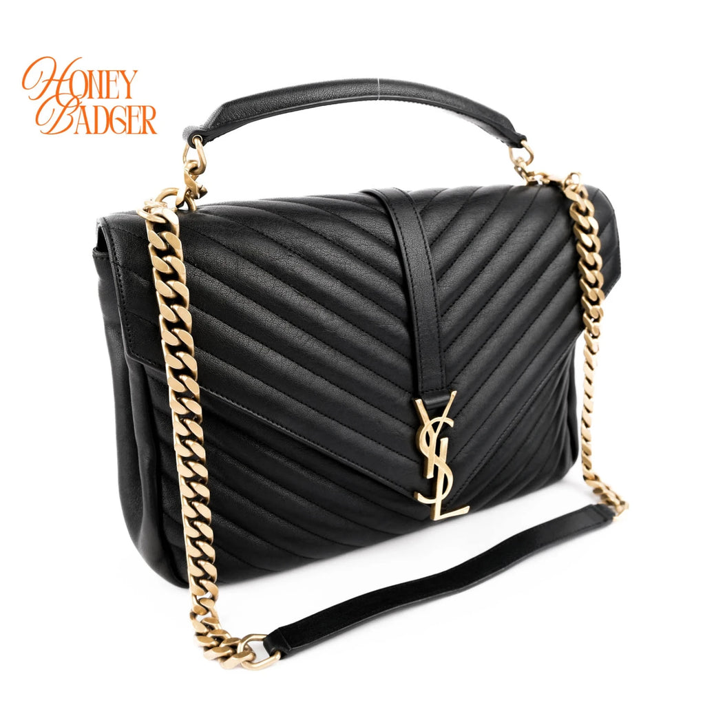 Saint Laurent College Medium Chevron Quilted Leather Black Rank A