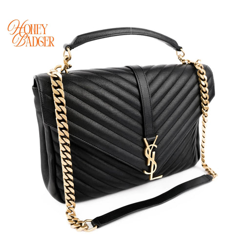 Saint Laurent College Medium Chevron Quilted Leather Black Rank A
