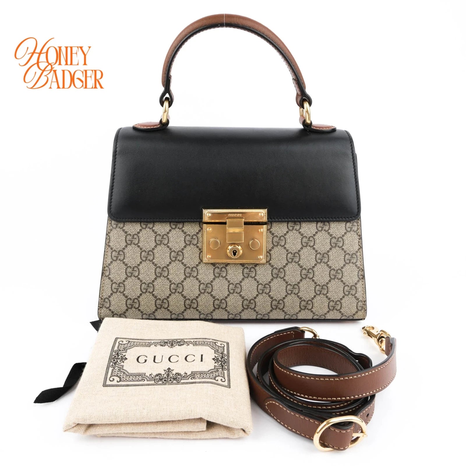 Gucci Padlock Top Handle GG Supreme Black 2Way Bag Rank A