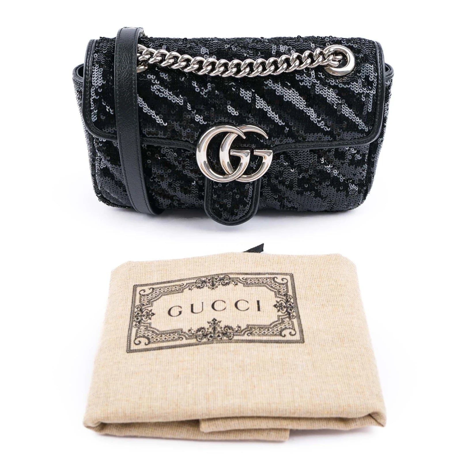 Gucci GG Marmont Medium Sequin Chain Shoulder Bag Black Rank S