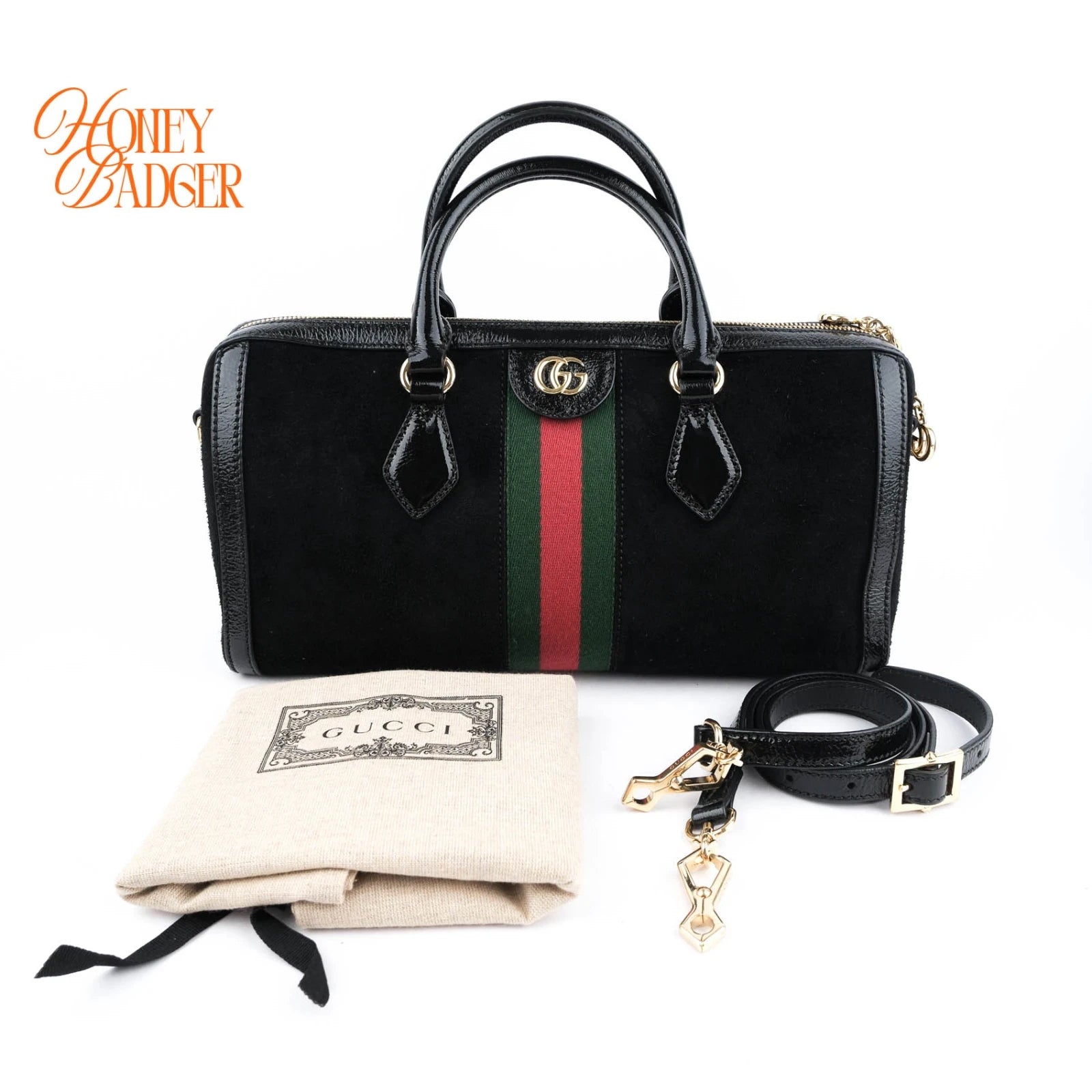 Gucci Boston Bag Large Black Suede Gold Hardware Rank A