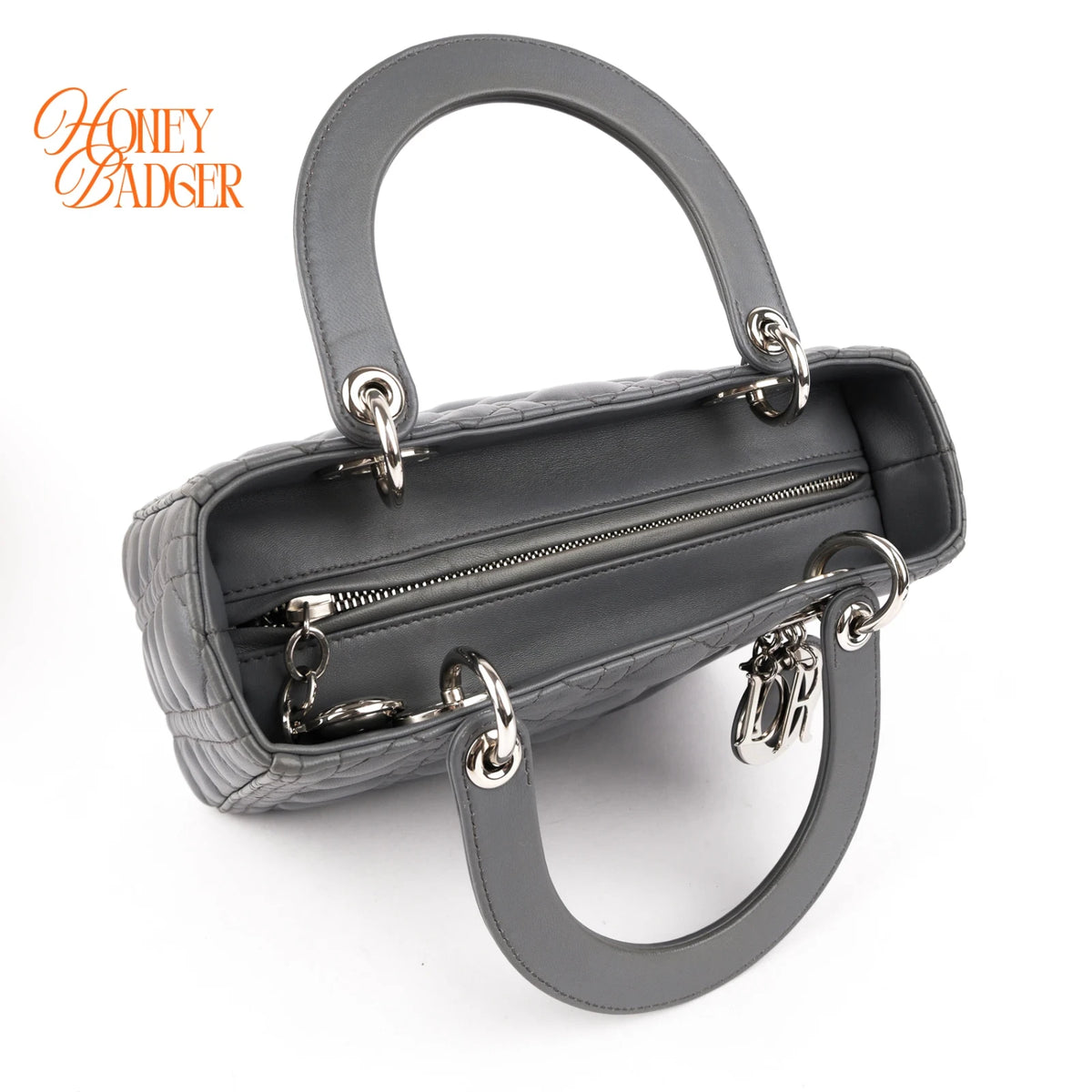 Dior Lady Dior Medium Grey Cannage Leather 2-Way Bag Rank AB