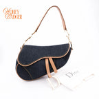 Dior Saddle Denim Dark Blue Camel Leather Gold Hardware Rank A