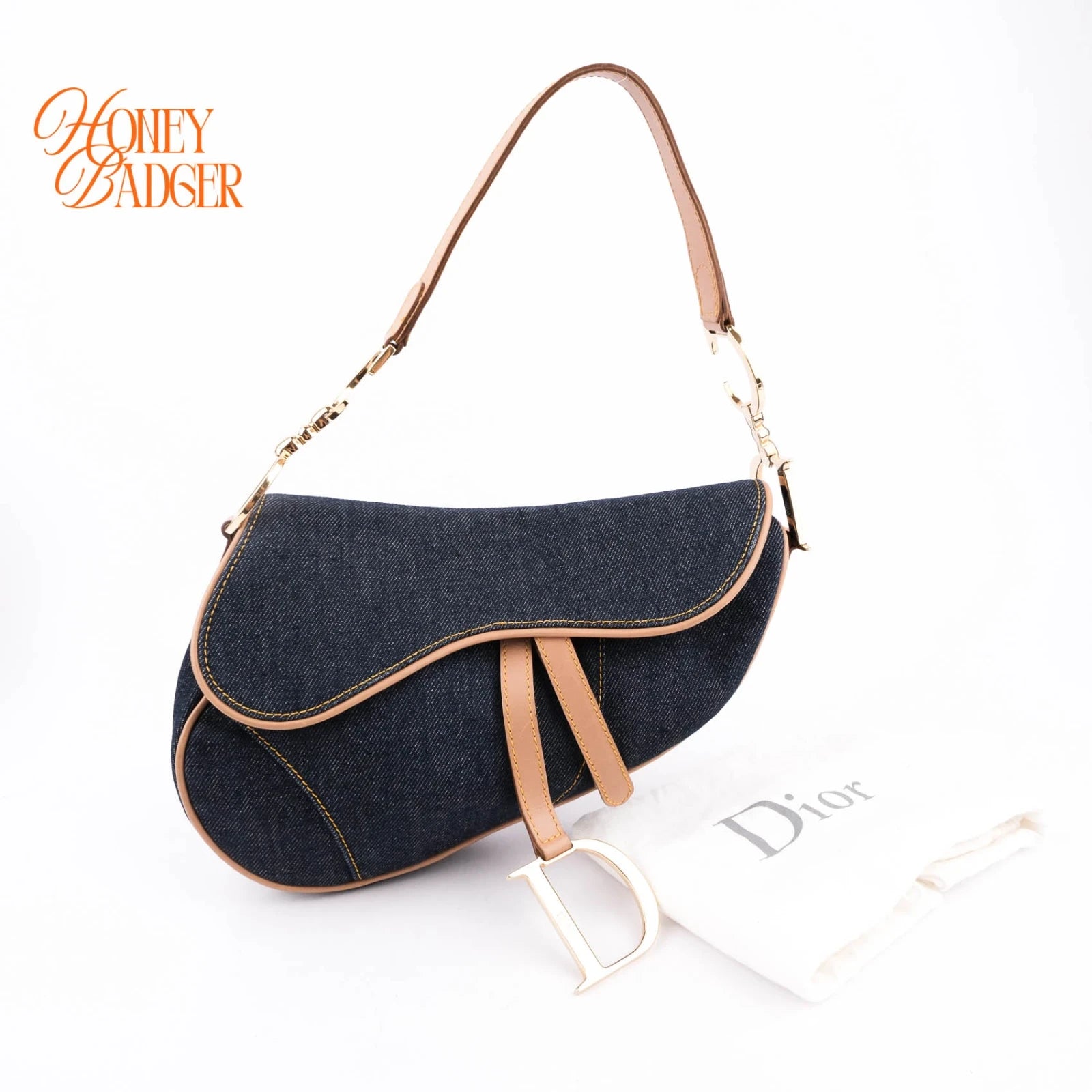 Dior Saddle Denim Dark Blue Camel Leather Gold Hardware Rank A