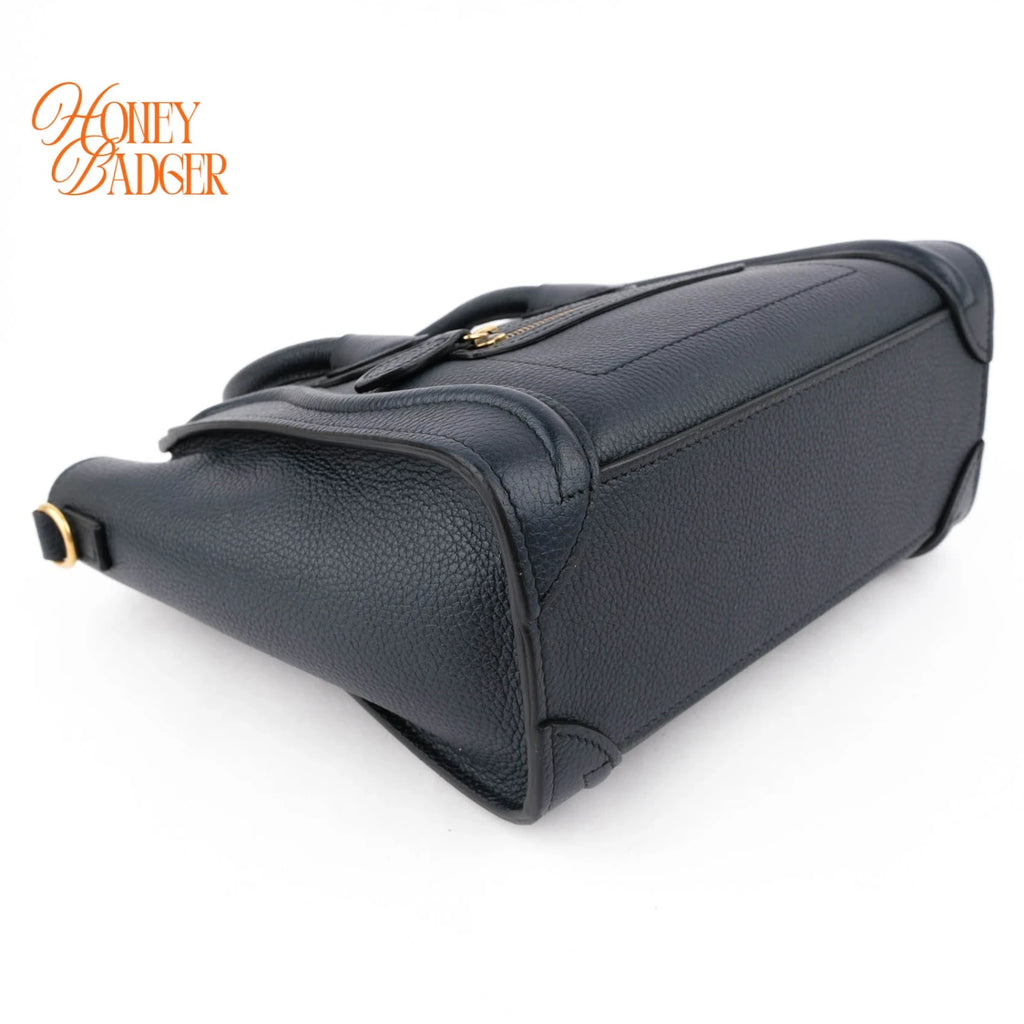 Celine Nano Luggage Bag Drummed Calfskin Navy Gold Hardware Rank A