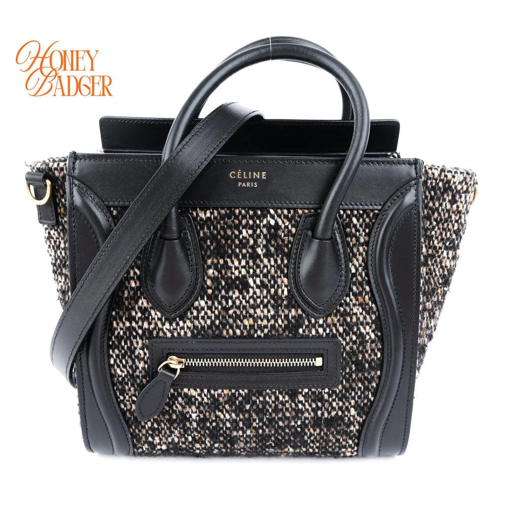 Celine Luggage Nano Tweed Black Leather 2-Way Bag Rank AB