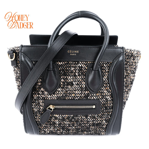 Celine Luggage Nano Tweed Black Leather 2-Way Bag Rank AB