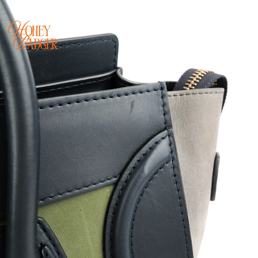 Celine Micro Luggage Tri-Color Suede & Calfskin Navy Green Grey Rank A
