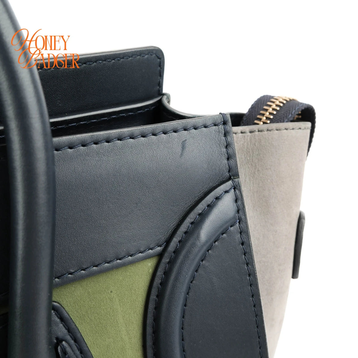 Celine Micro Luggage Tri-Color Suede & Calfskin Navy Green Grey Rank A