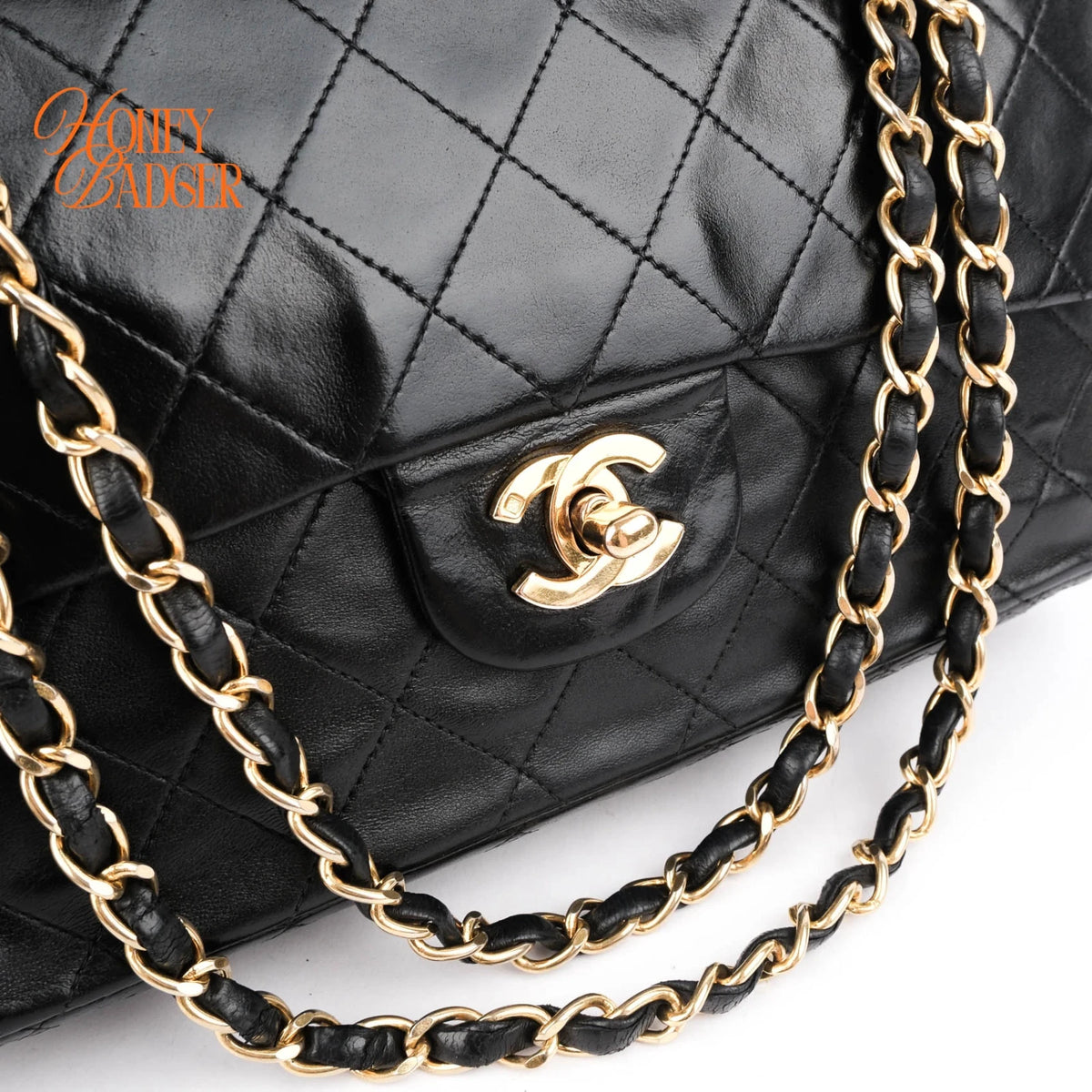 Chanel Classic Double Flap Medium 25 Lambskin Black Gold Hardware Rank AB