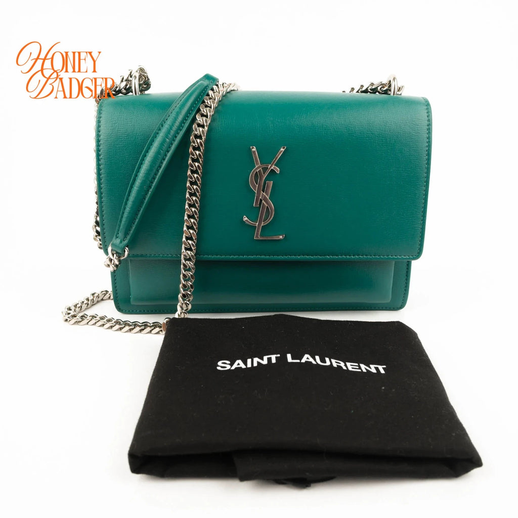 Saint Laurent Sunset Medium Smooth Calfskin Teal Silver Hardware Rank A