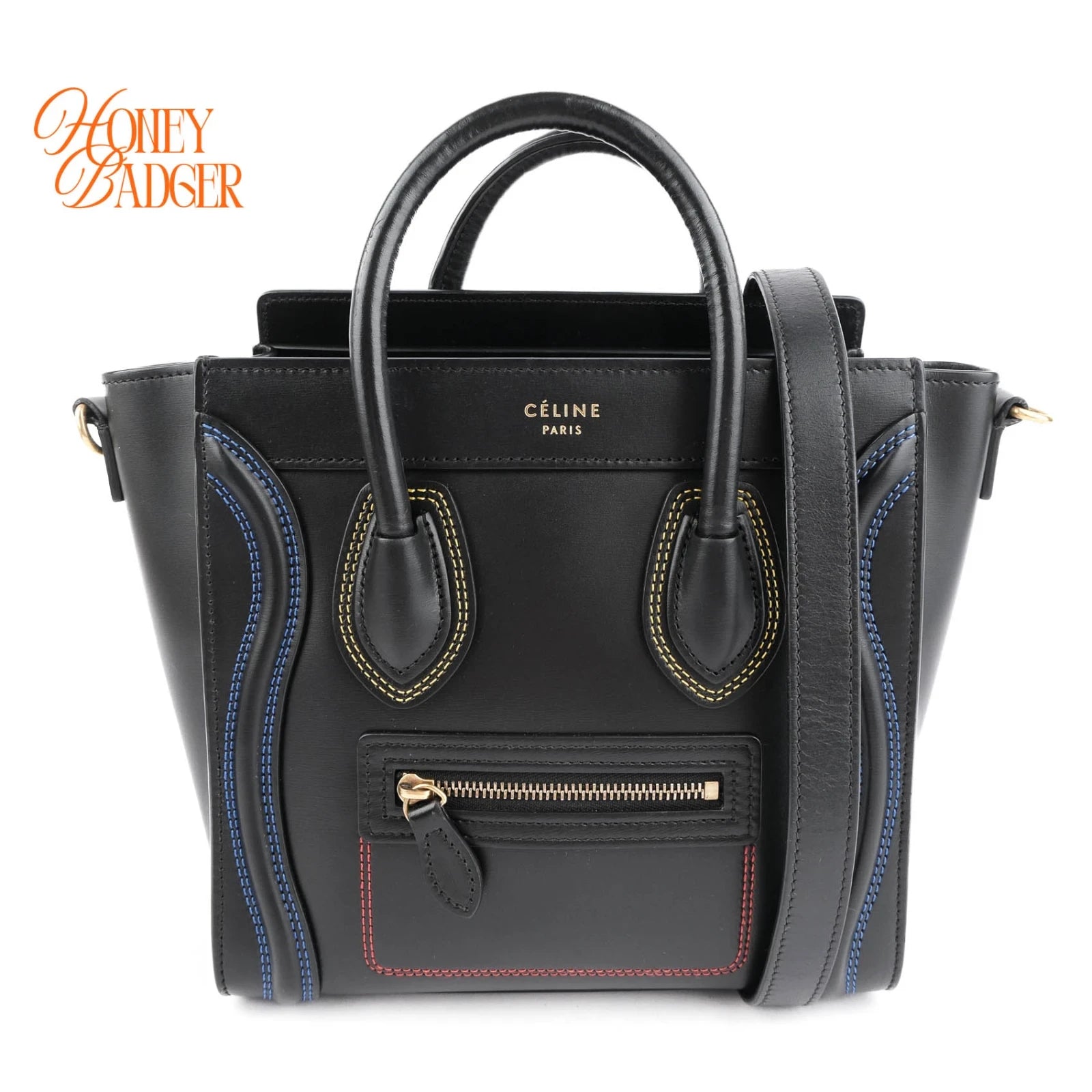 Celine Luggage Nano Black Smooth Leather Multicolor Stitch Rank A