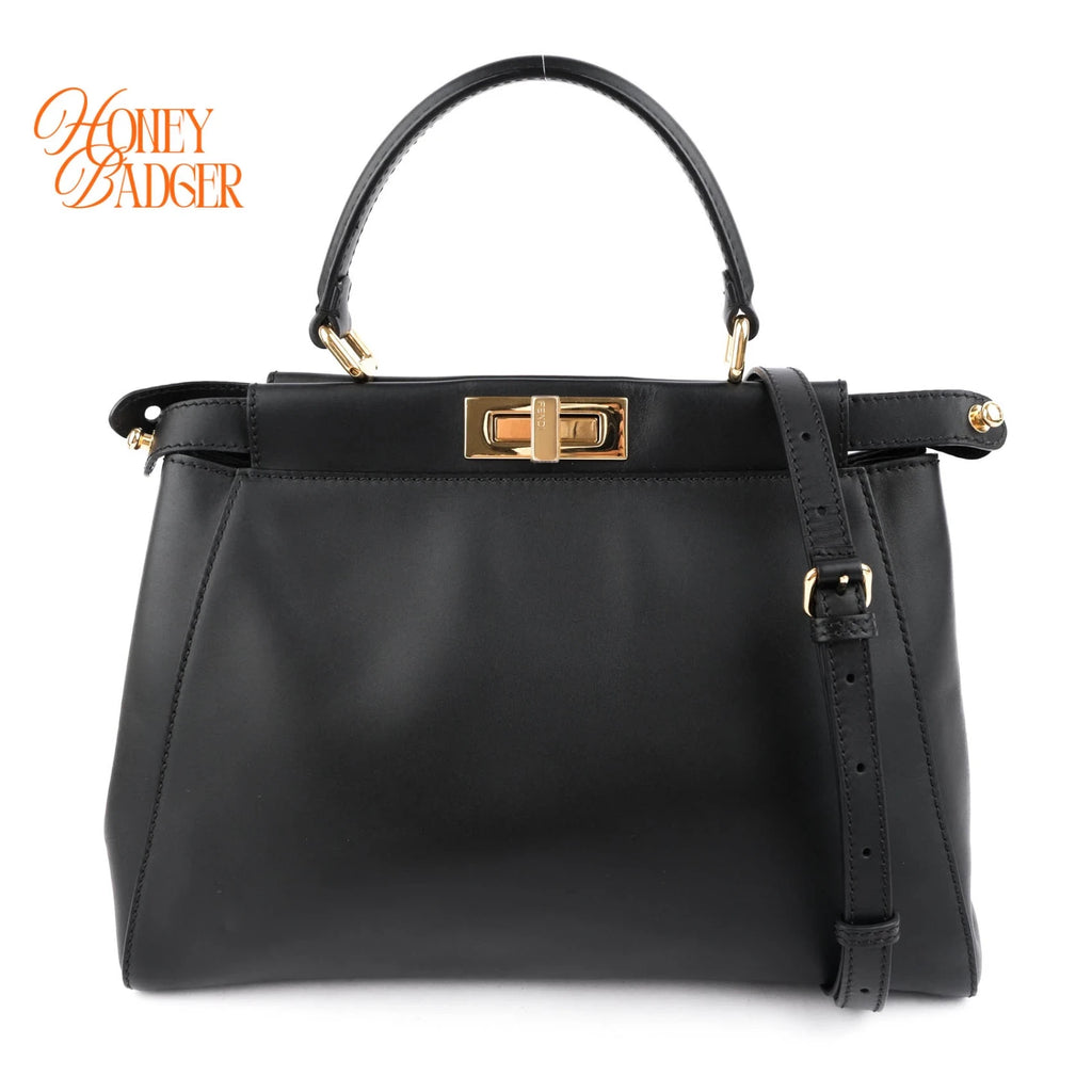 Fendi Peekaboo Regular Smooth Calfskin Black Gold Hardware Rank A
