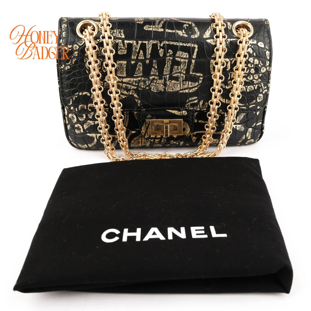Chanel 2.55 Reissue Crocodile-Embossed Leather Graffiti Black Gold Rank A