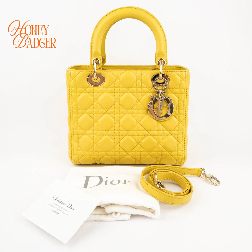 Dior Lady Dior Medium Lambskin Yellow Rank A