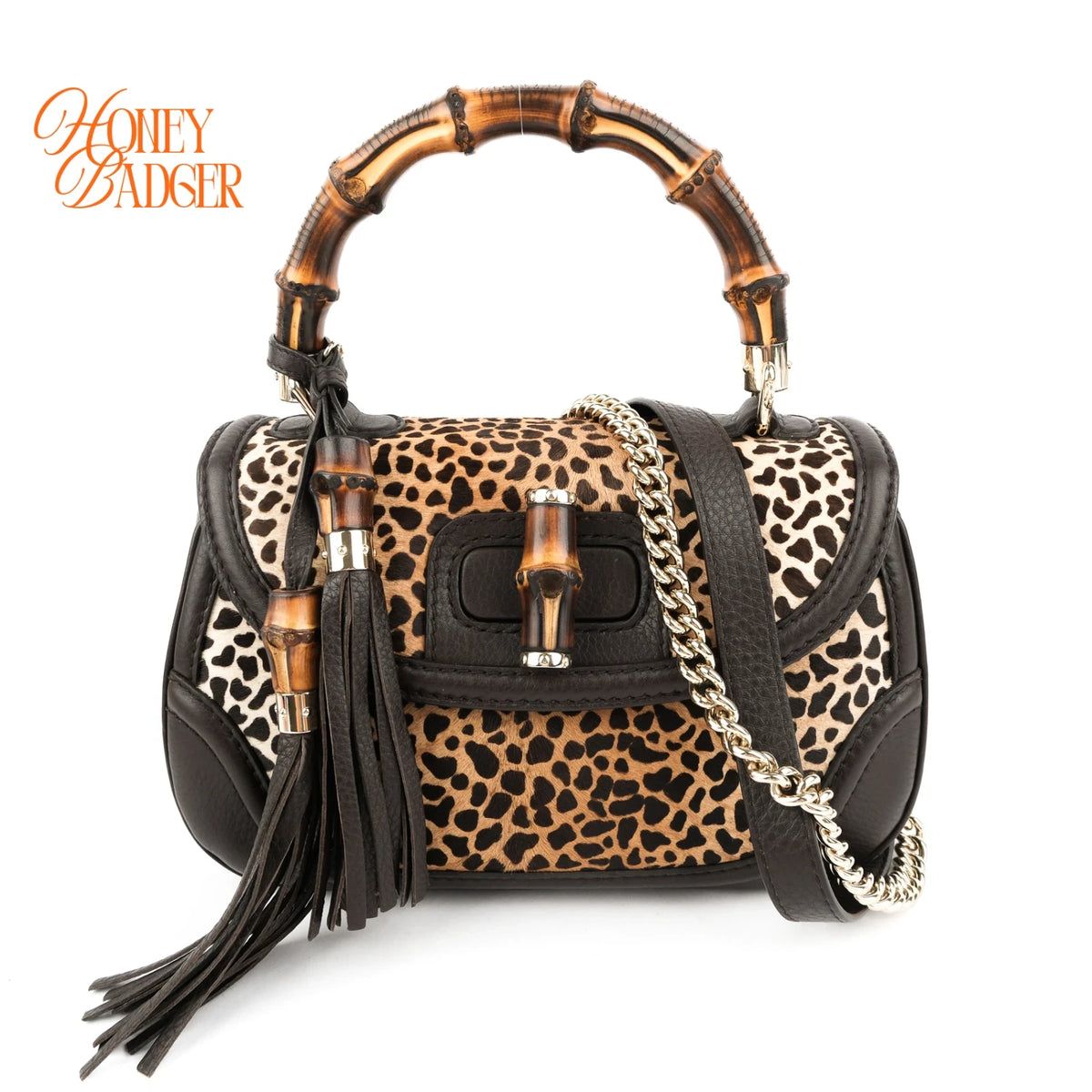 Gucci Bamboo Leopard Calf Hair 2WAY Handbag Rank A