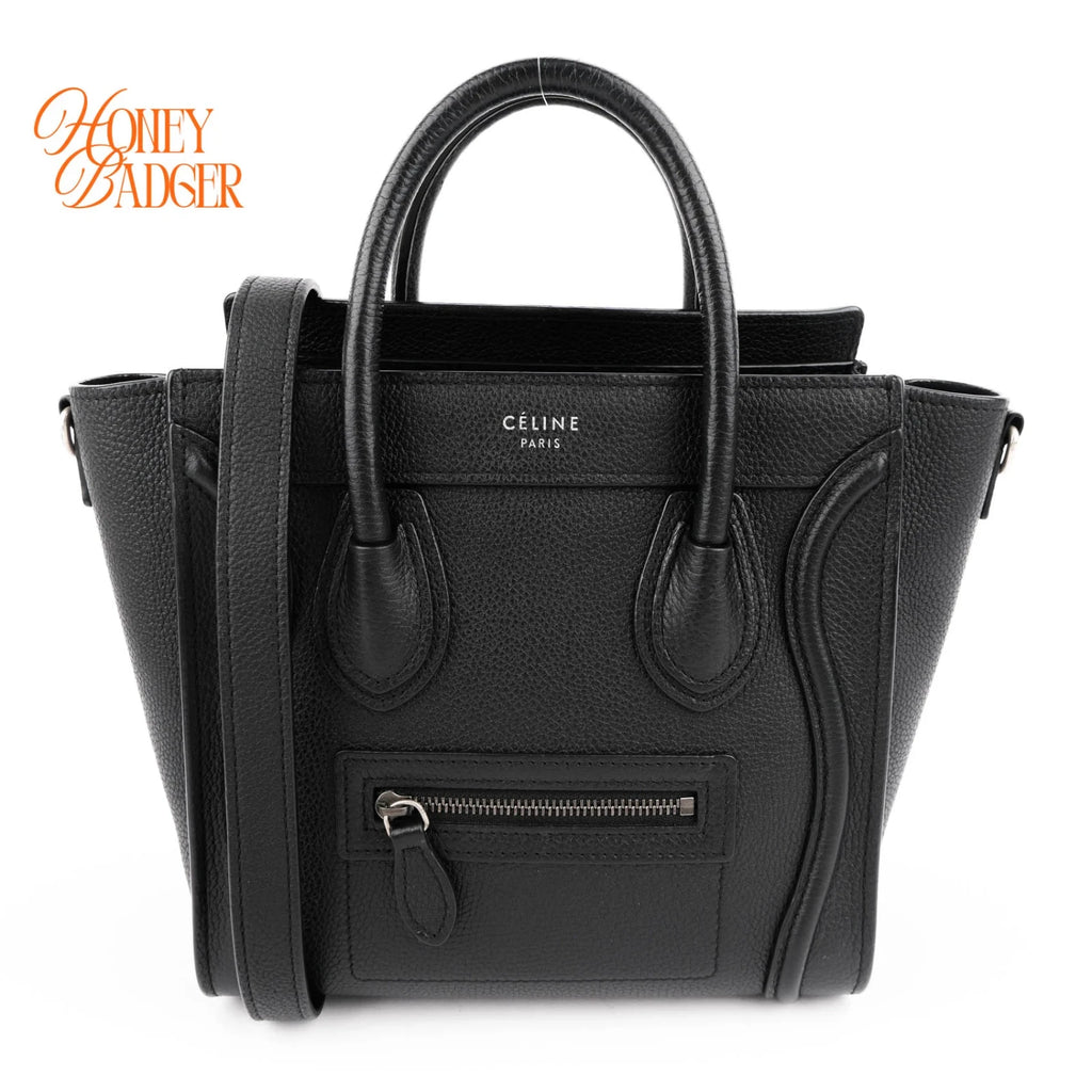 Celine Luggage Nano Drummed Calfskin Leather Black Silver Hardware Rank A