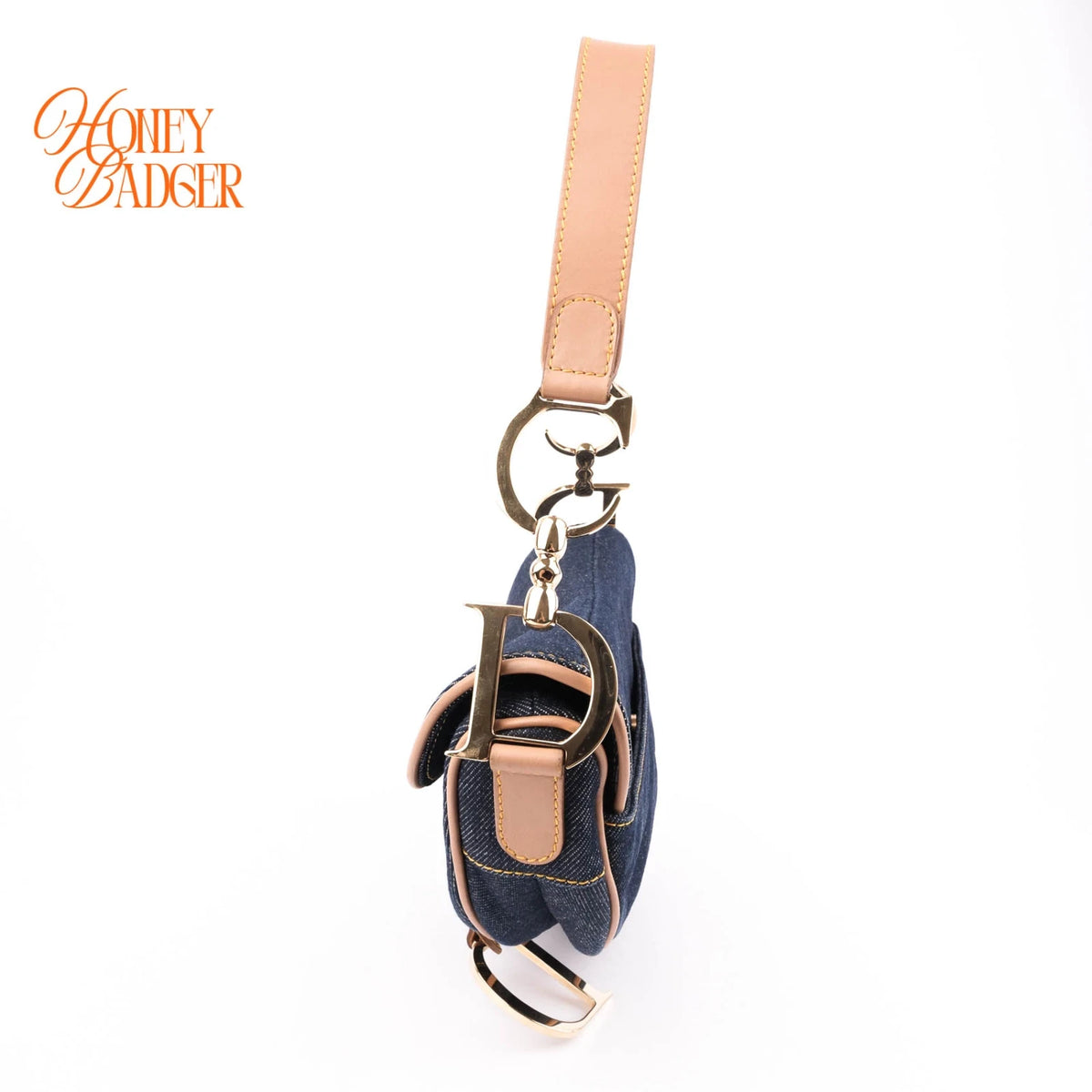 Dior Saddle Denim Dark Blue Camel Leather Gold Hardware Rank A