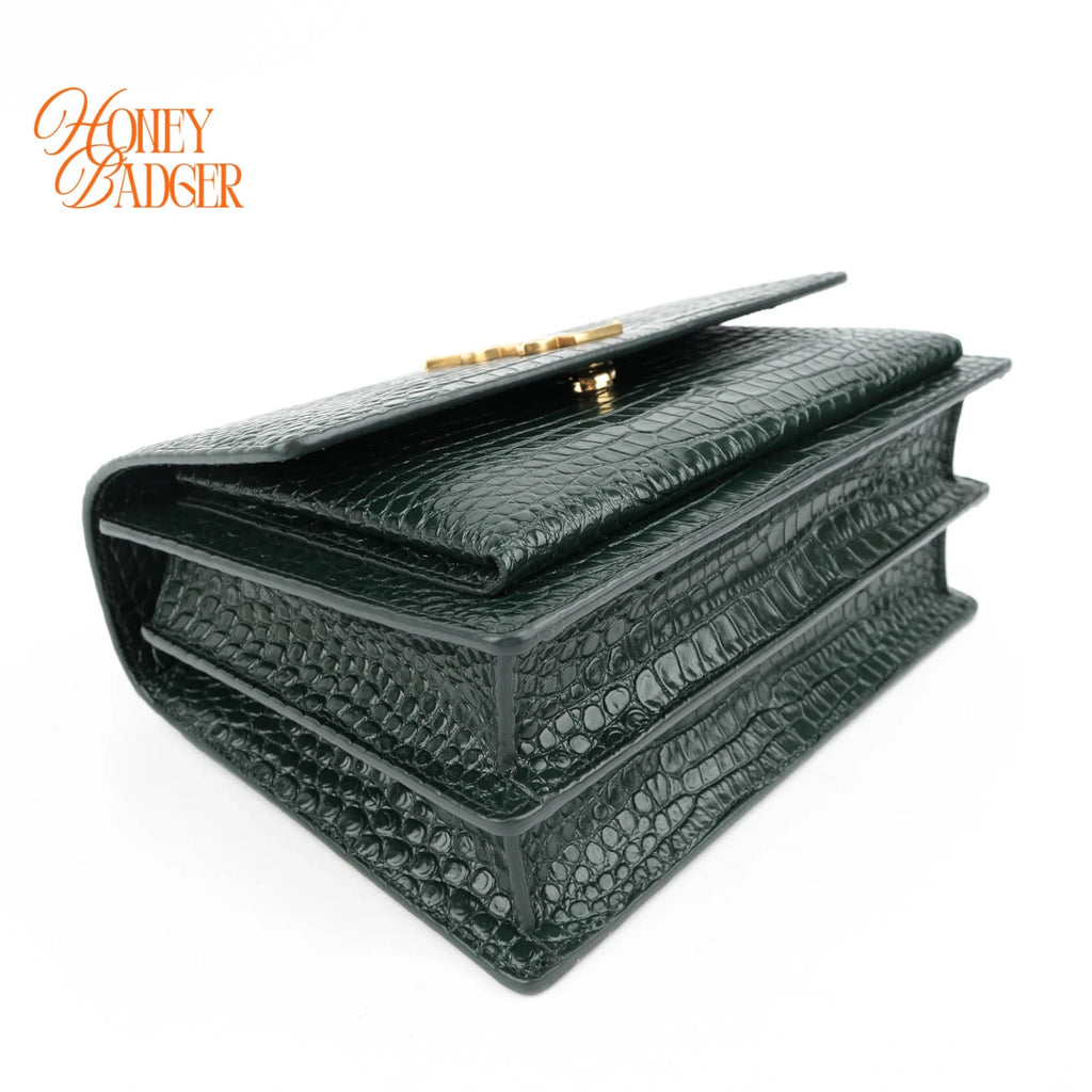 Saint Laurent Sunset Medium Croc-Embossed Leather Green Gold Hardware Rank A