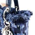 Dior Lady Dior Medium Tweed Navy Blue Silver Hardware Rank A
