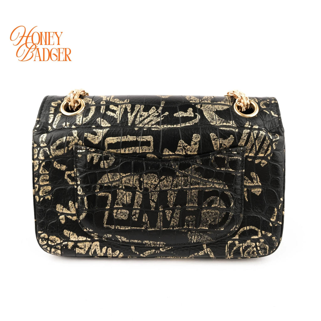 Chanel 2.55 Reissue Crocodile-Embossed Leather Graffiti Black Gold Rank A