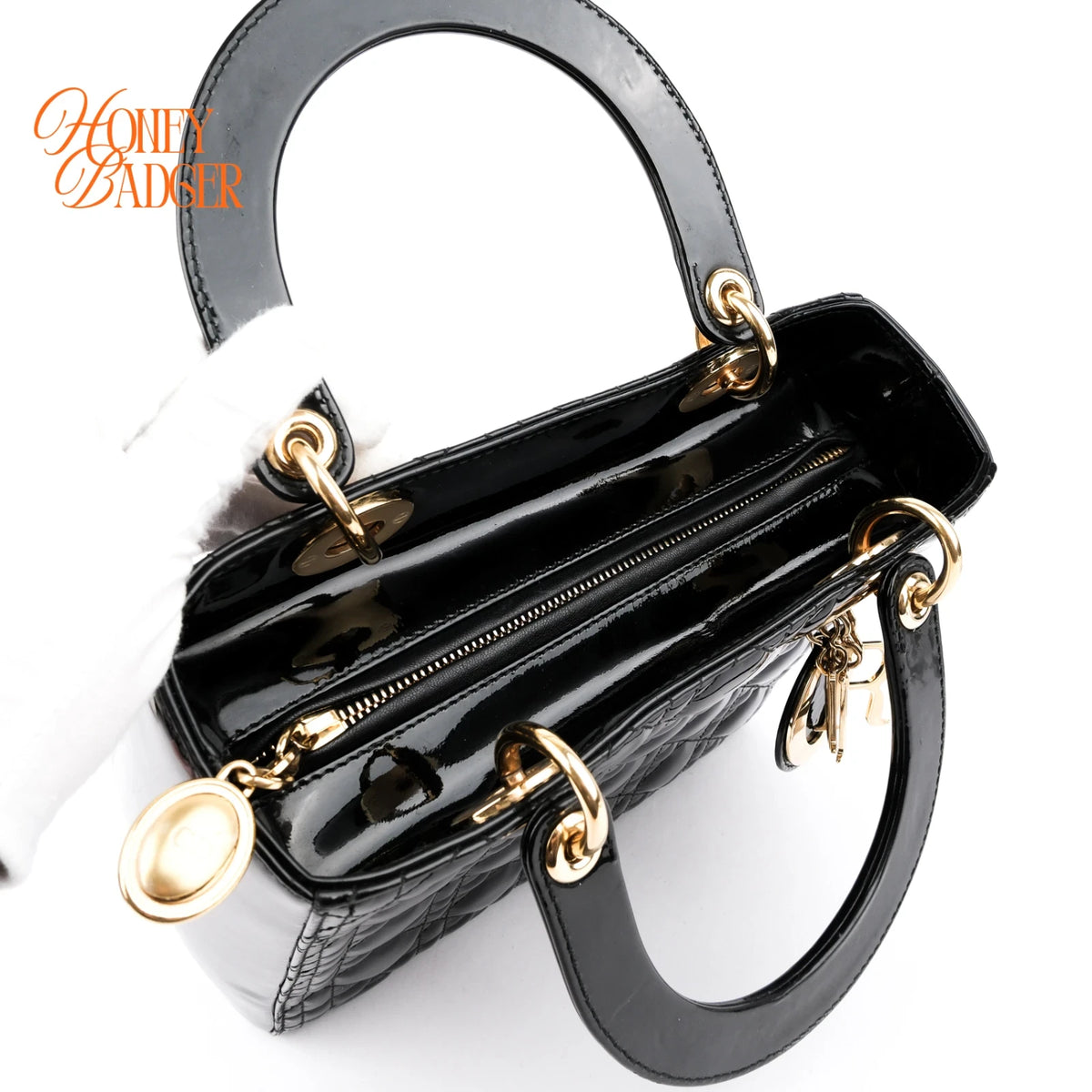Dior Lady Dior Medium Cannage Patent Calfskin Black Gold Hardware Rank AB