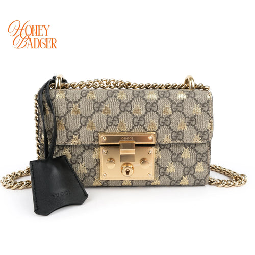 Gucci Padlock Small GG Supreme Bee Print Chain Shoulder Bag Rank A