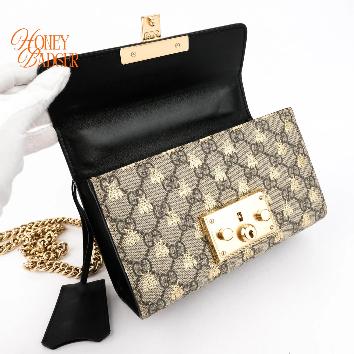 Gucci Padlock Small GG Supreme Bee Print Chain Shoulder Bag Rank A