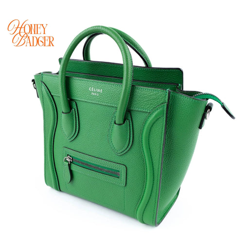 Celine Nano Luggage Bag Drummed Calfskin Green Silver Hardware Rank A