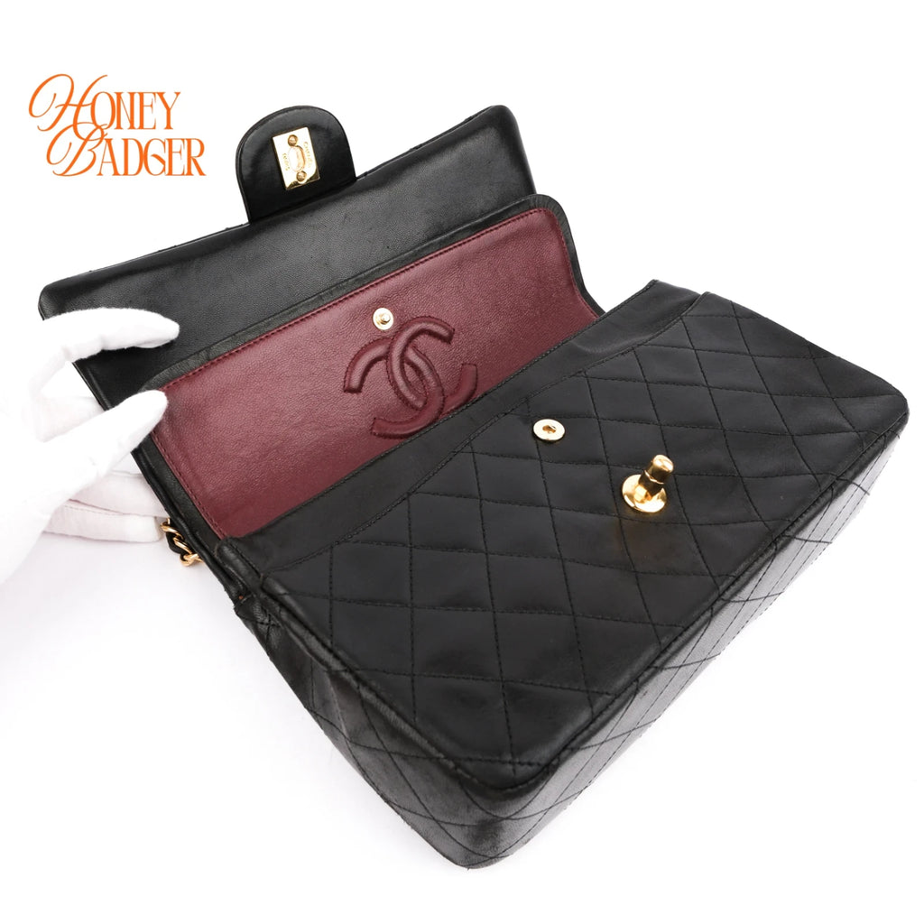 Chanel Classic Double Flap Medium 25 Quilted Lambskin Black Gold Hardware Rank AB