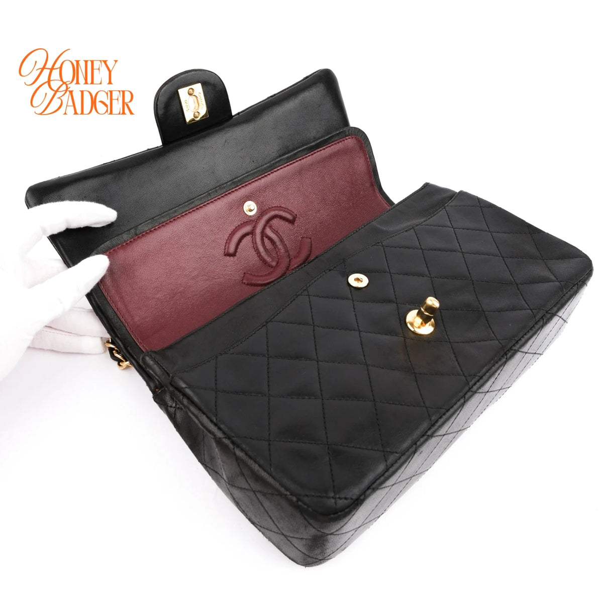 Chanel Classic Double Flap Medium 25 Quilted Lambskin Black Gold Hardware Rank AB