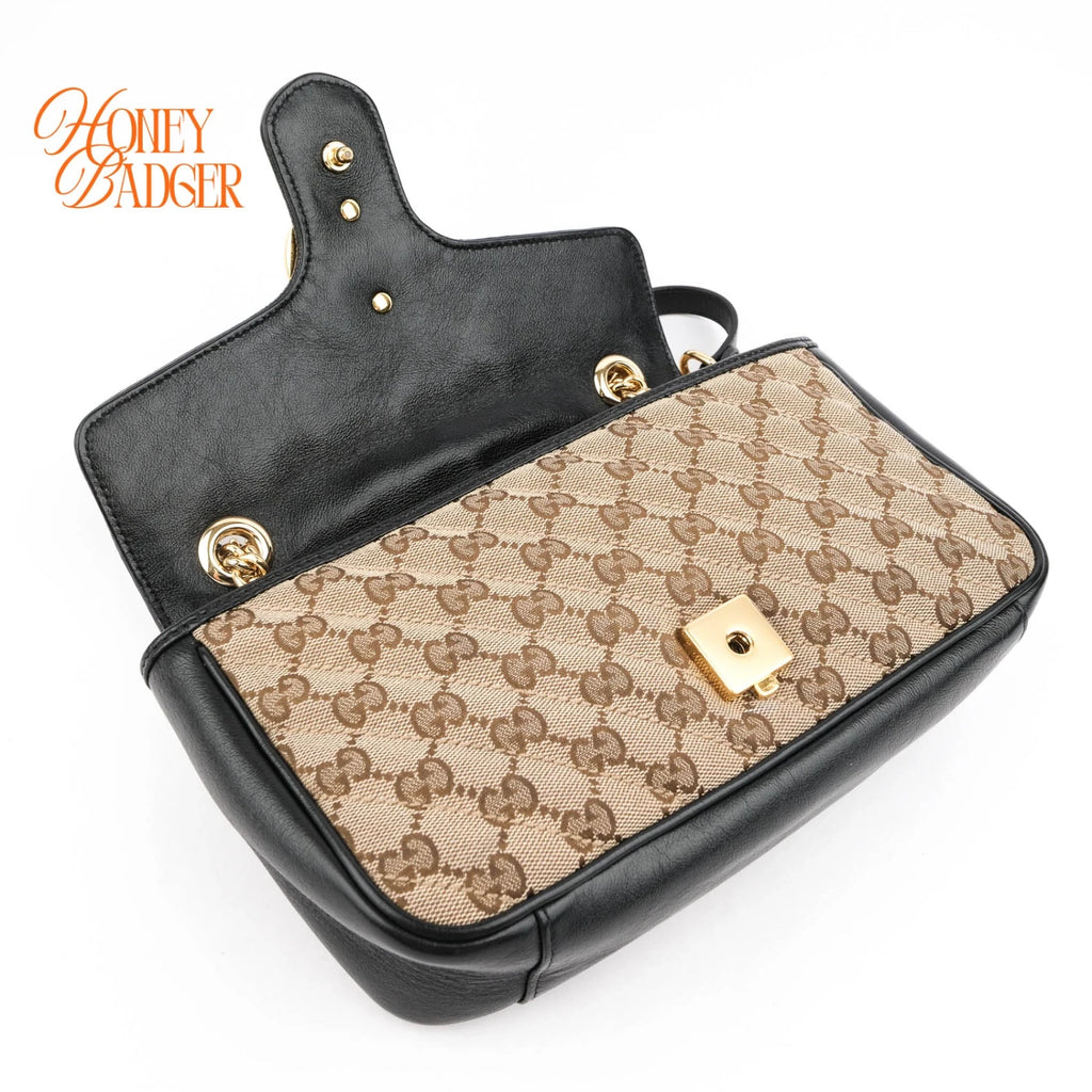 Gucci GG Marmont Small Shoulder Bag Original GG Canvas Beige/Ebony Black Leather Gold Hardware Rank A