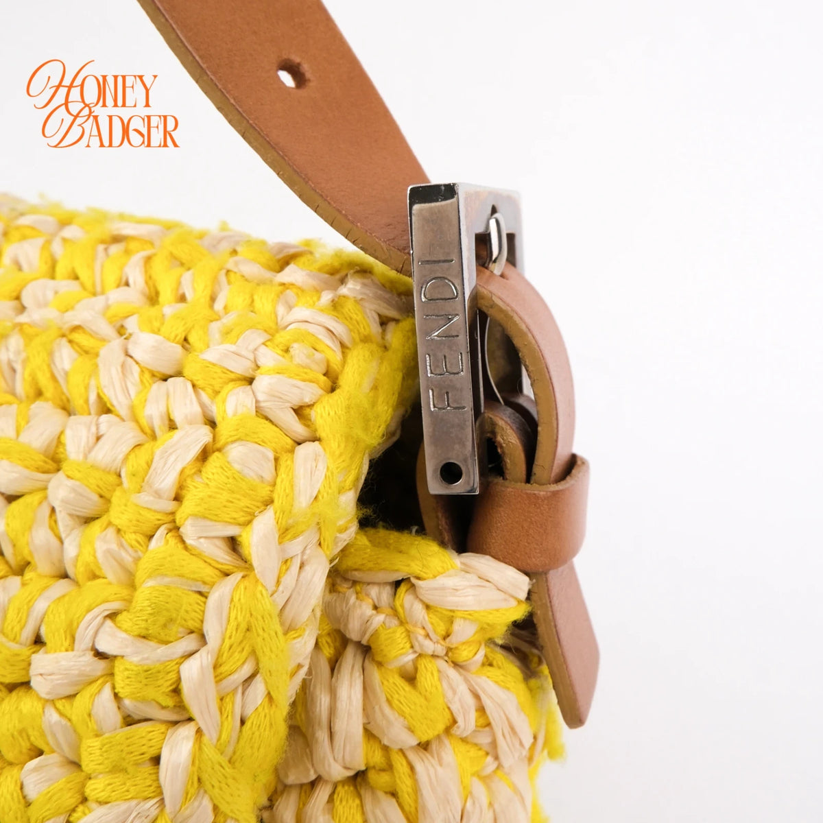 Fendi Mamma Baguette Raffia Crochet Yellow Brown Shoulder Bag Rank AB