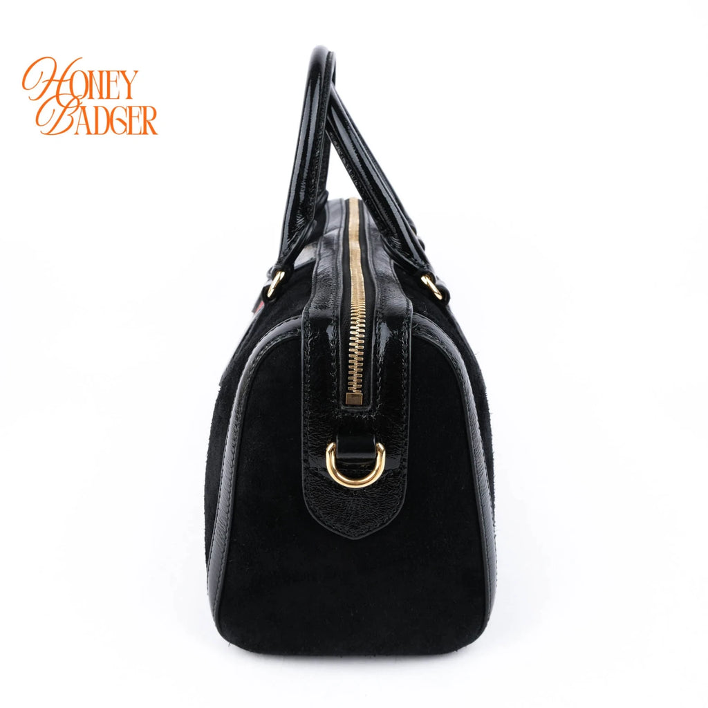 Gucci Ophidia Medium Boston Bag Suede Black Patent Leather Gold Hardware Rank A