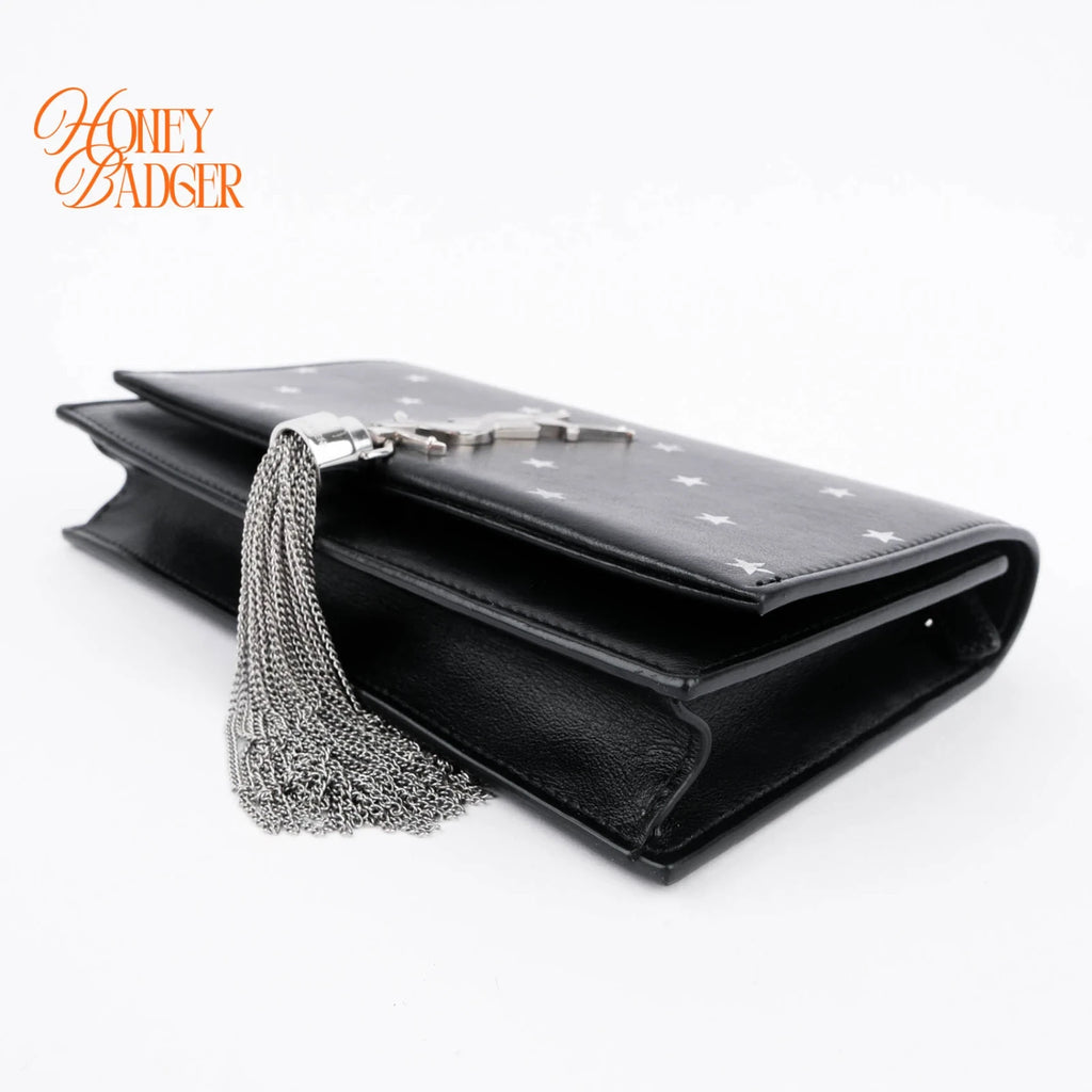 Saint Laurent Kate Small Tassel Chain Shoulder Bag Black Leather with Silver Star Print