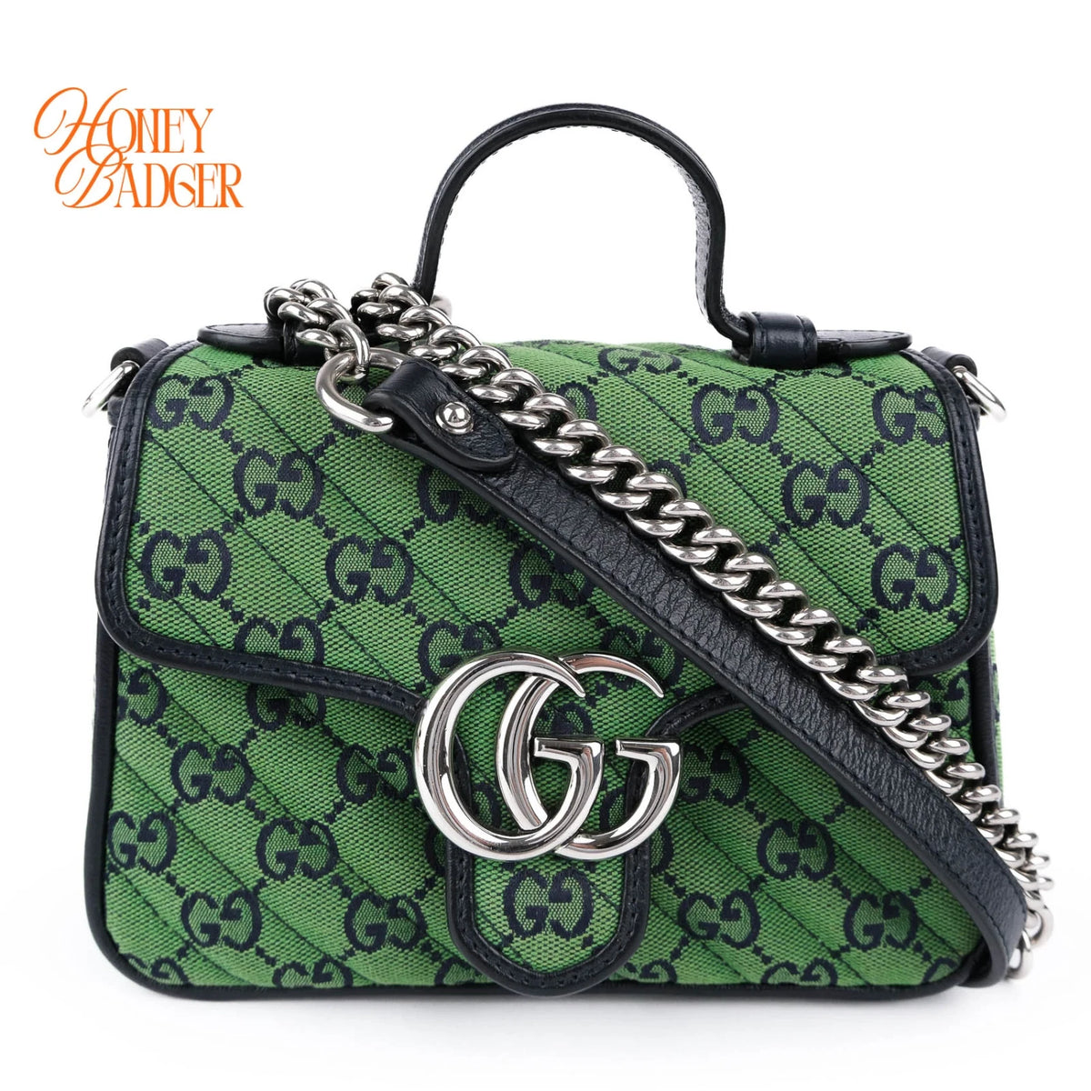 Gucci GG Marmont Mini Top Handle Canvas Green Silver Hardware Rank A