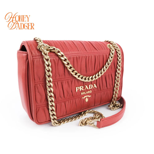 Prada Gauffre Ruched Leather Chain Flap Shoulder Bag Red Gold Hardware