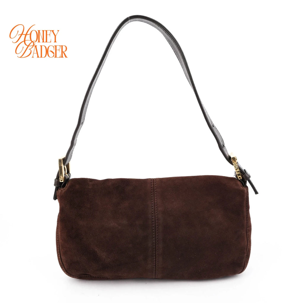 Fendi Baguette Suede Brown Glitter FF Buckle Gold Hardware Rank A