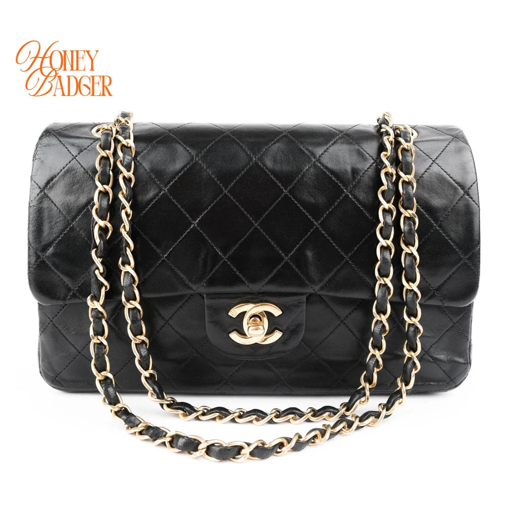 Chanel Classic Double Flap Medium 25 Lambskin Black Gold Hardware Rank AB