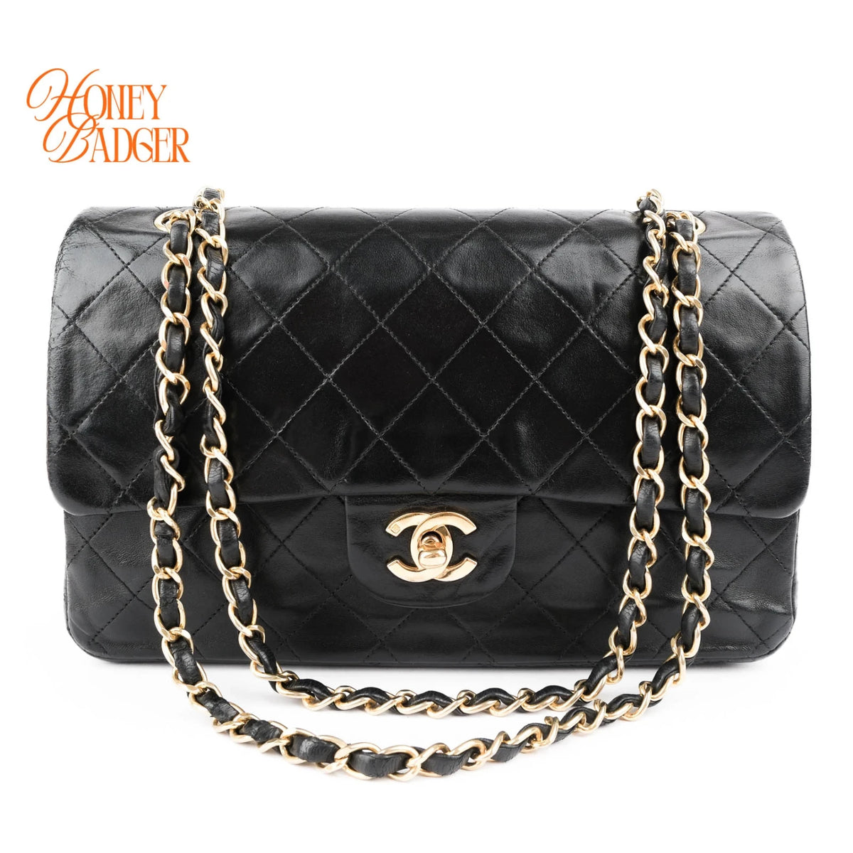 Chanel Classic Double Flap Medium 25 Lambskin Black Gold Hardware Rank AB