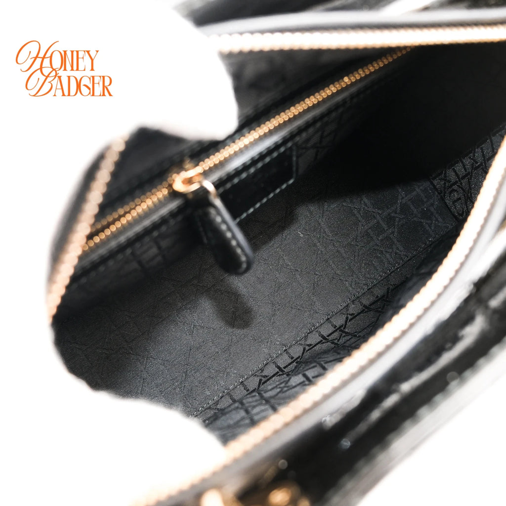 Dior Lady Dior Medium Cannage Patent Calfskin Black Gold Hardware Rank AB
