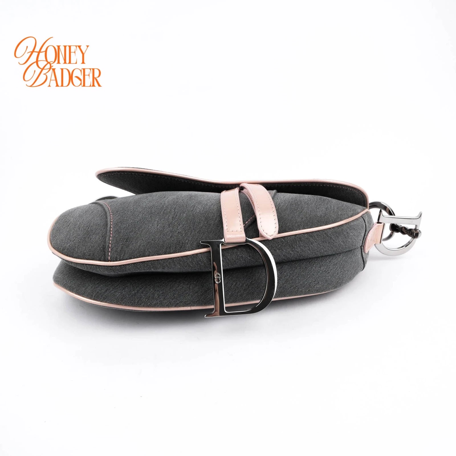 Dior Saddle Large Denim and Patent Leather Grey Pink Rank A