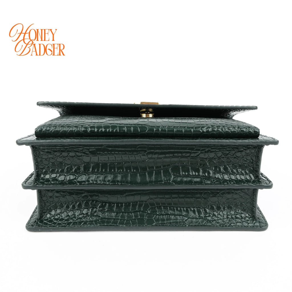Saint Laurent Sunset Medium Croc-Embossed Leather Green Gold Hardware Rank A